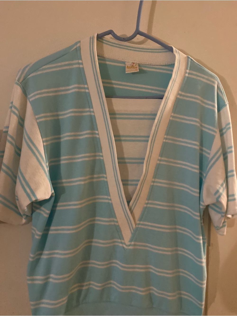 Jantzen Aqua and White Deep V-Neck Striped Men's Shirt